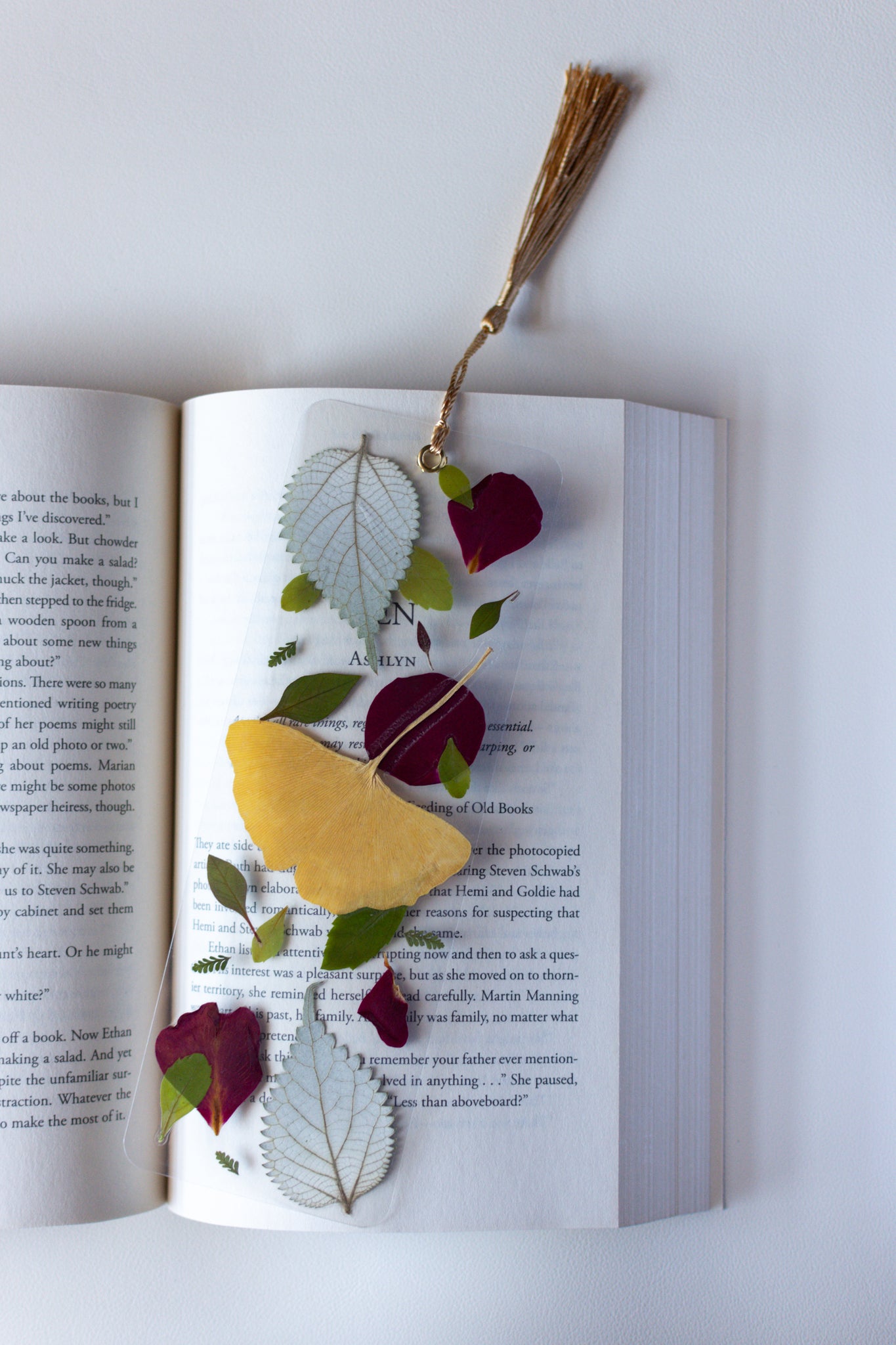 Un separador de libros transparente con hojas prensadas en su interior de color verde, amarillo y pétalos rojos.