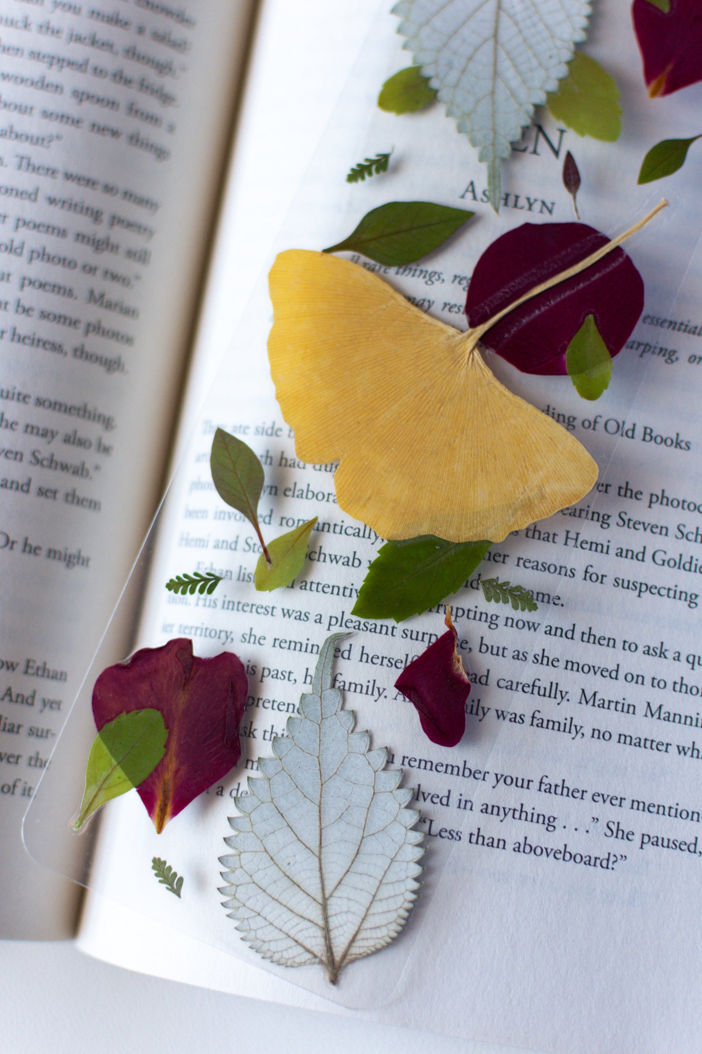 Un separador de libros transparente con hojas prensadas en su interior de color verde, amarillo y pétalos rojos.