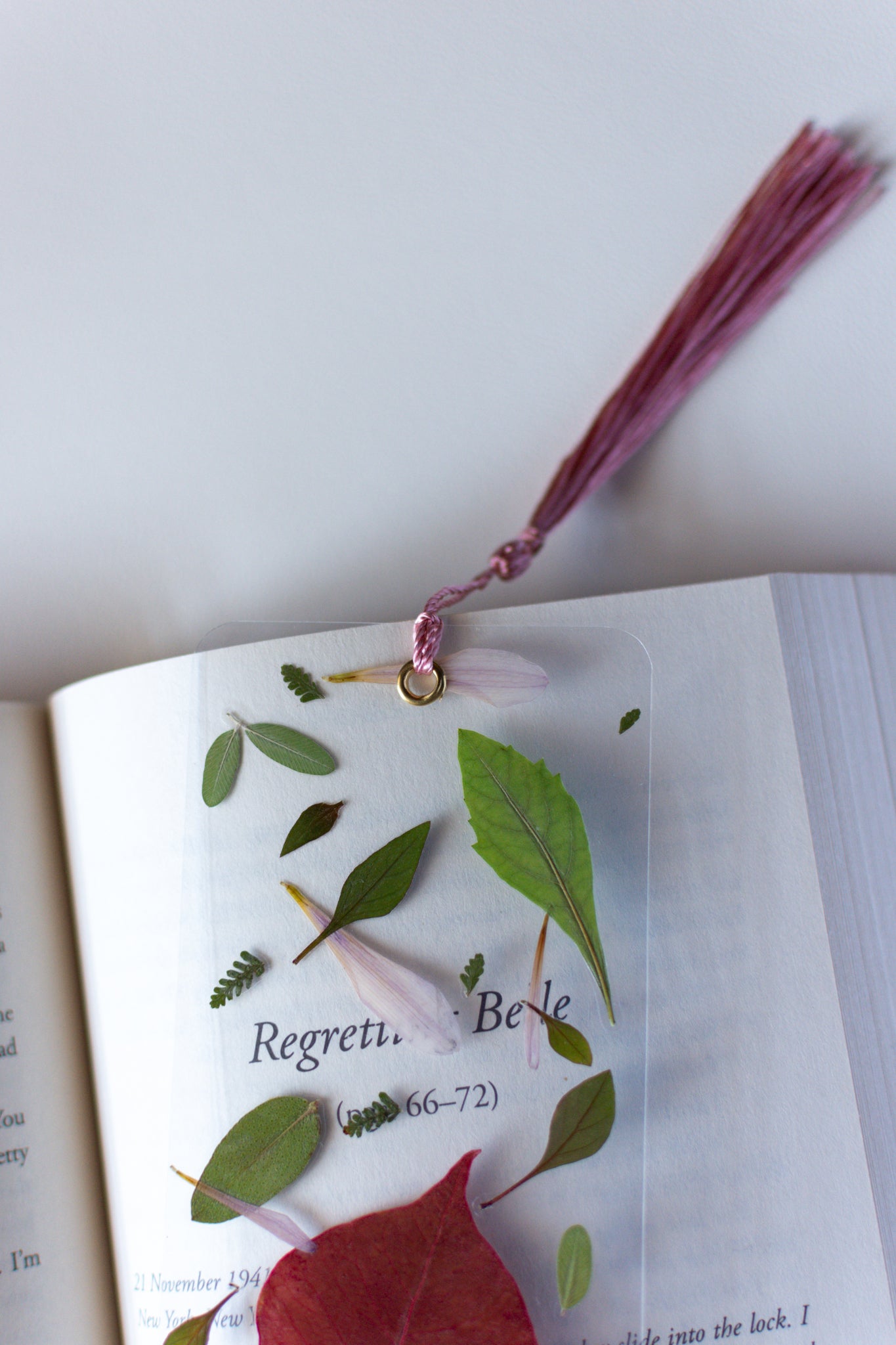 Un separador de libros transparente con hojas prensadas en su interior de color verde y roja.