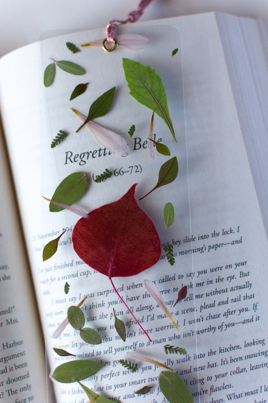 Un separador de libros transparente con hojas prensadas en su interior de color verde y roja.